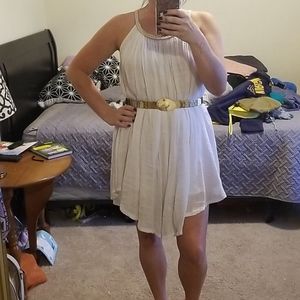 Flowy gold strap dress. Belt not for sale.